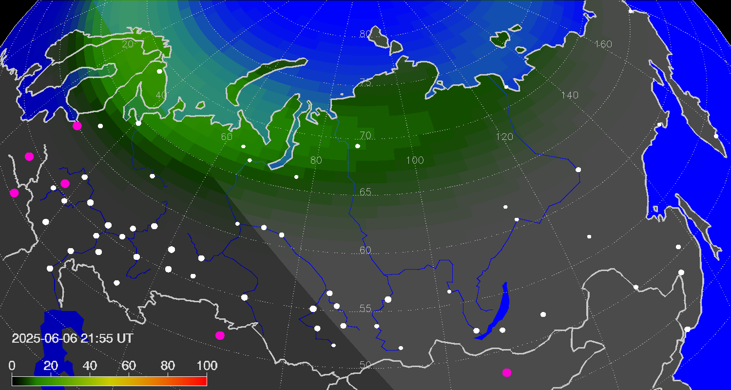Northern lights (auroras) over Russian Federation