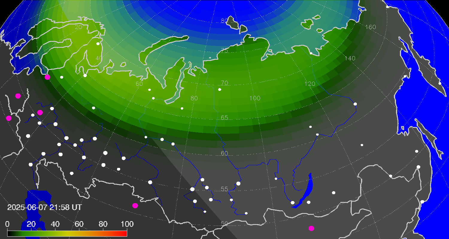 Northern lights (auroras) over Russian Federation