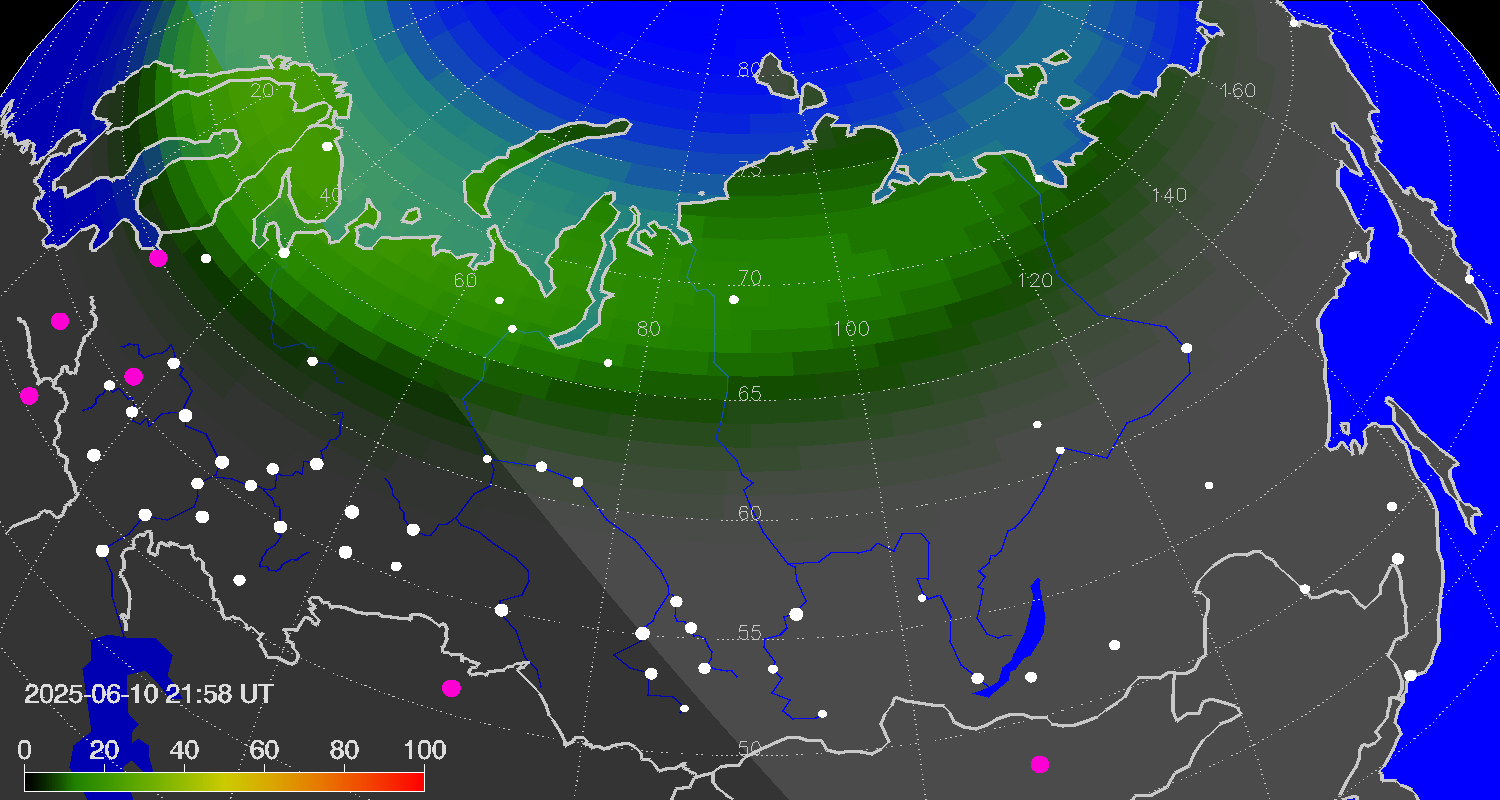 Northern lights (auroras) over Russian Federation