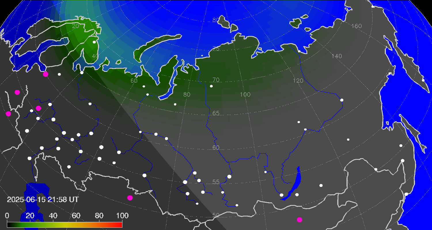 Northern lights (auroras) over Russian Federation