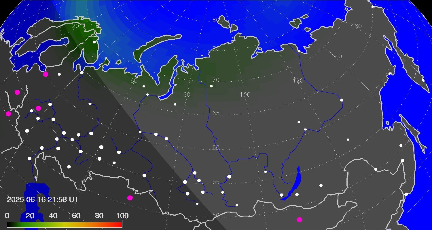 Northern lights (auroras) over Russian Federation
