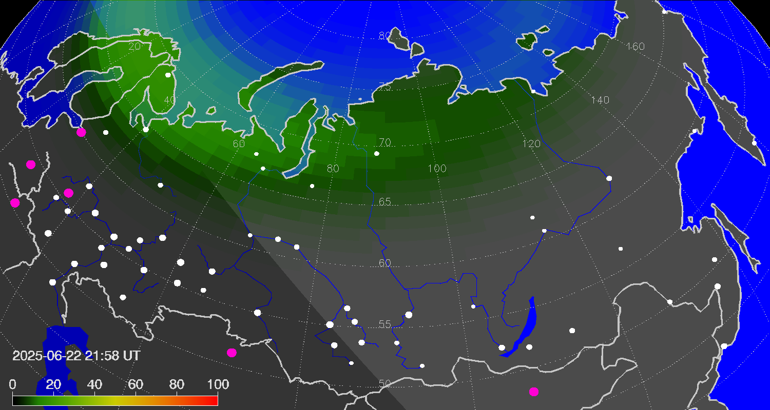 Northern lights (auroras) over Russian Federation