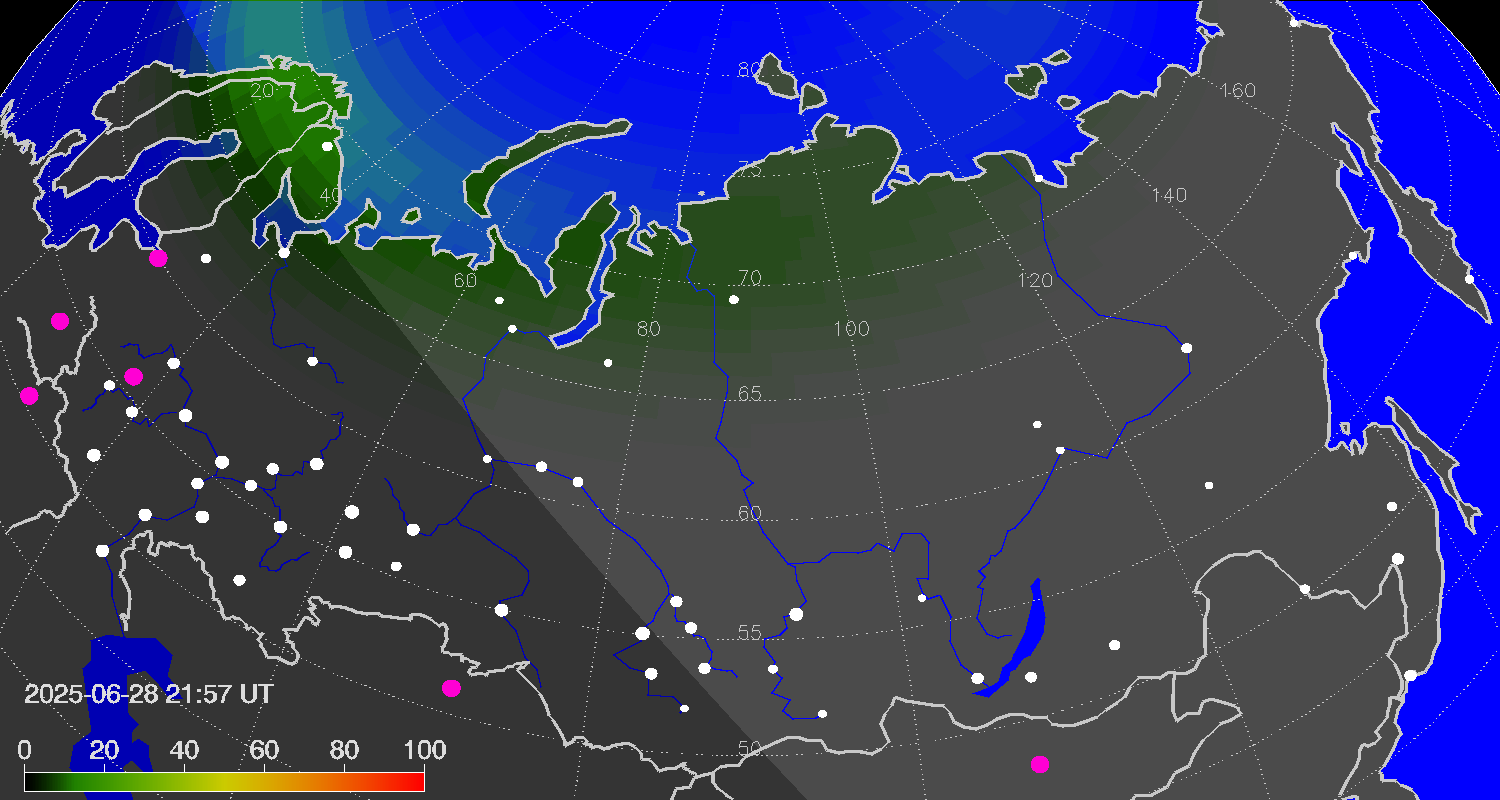 Northern lights (auroras) over Russian Federation