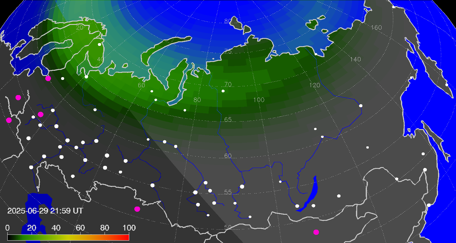 Northern lights (auroras) over Russian Federation
