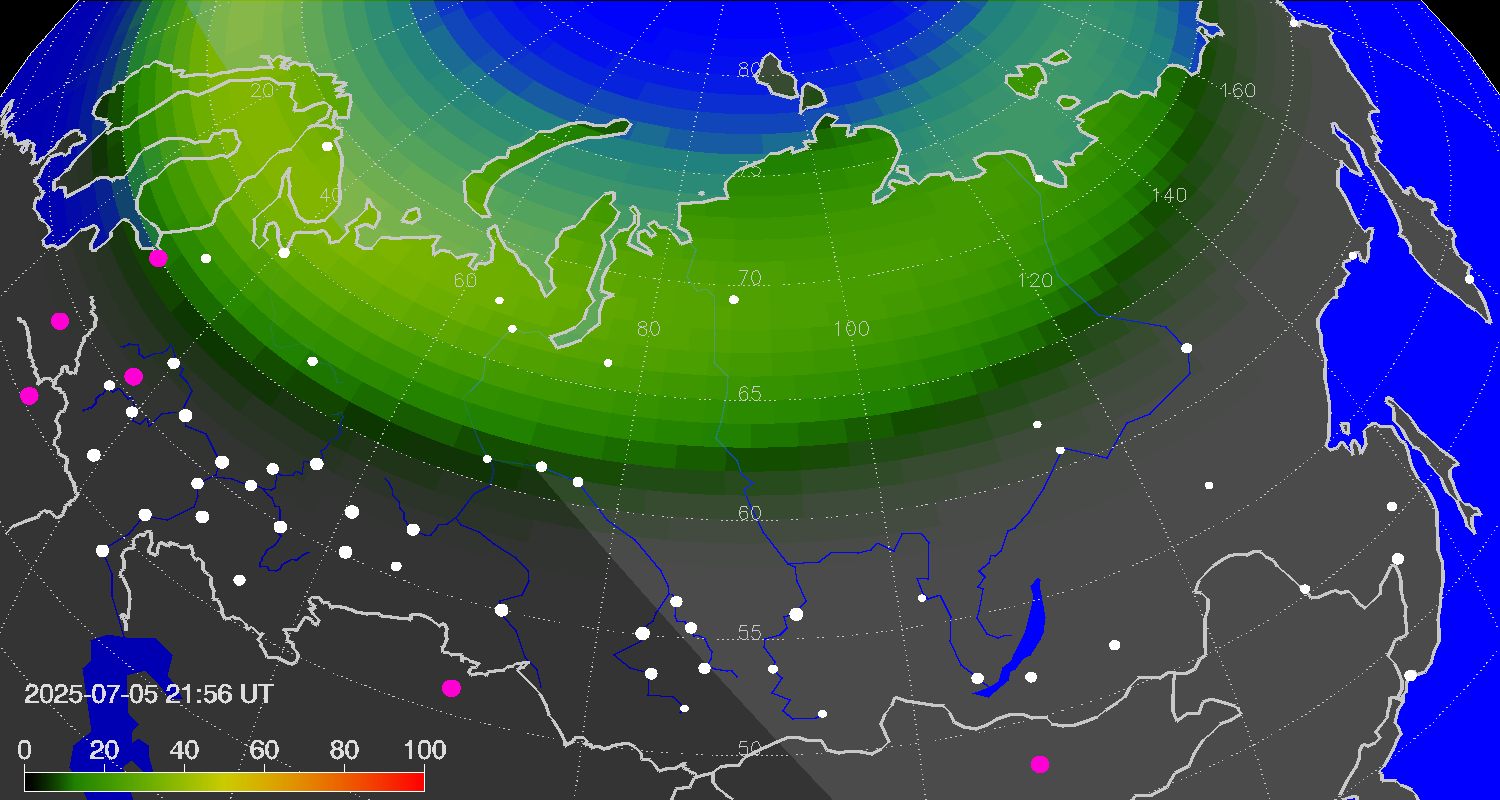 Northern lights (auroras) over Russian Federation