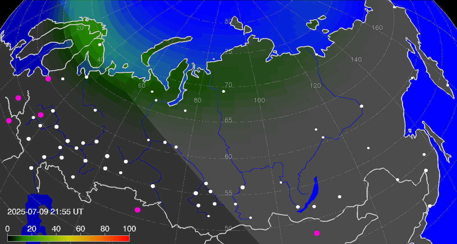 Northern lights (auroras) over Russian Federation