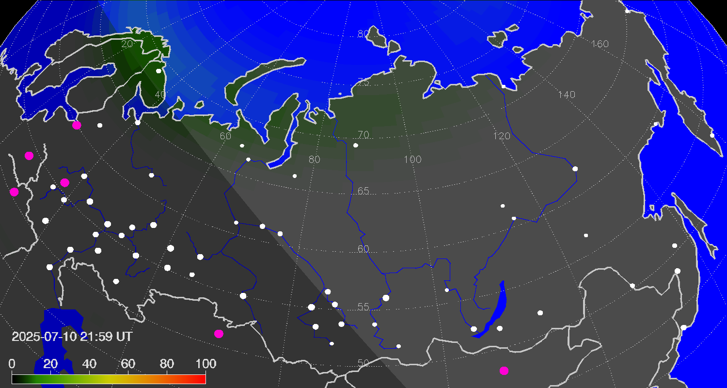 Northern lights (auroras) over Russian Federation