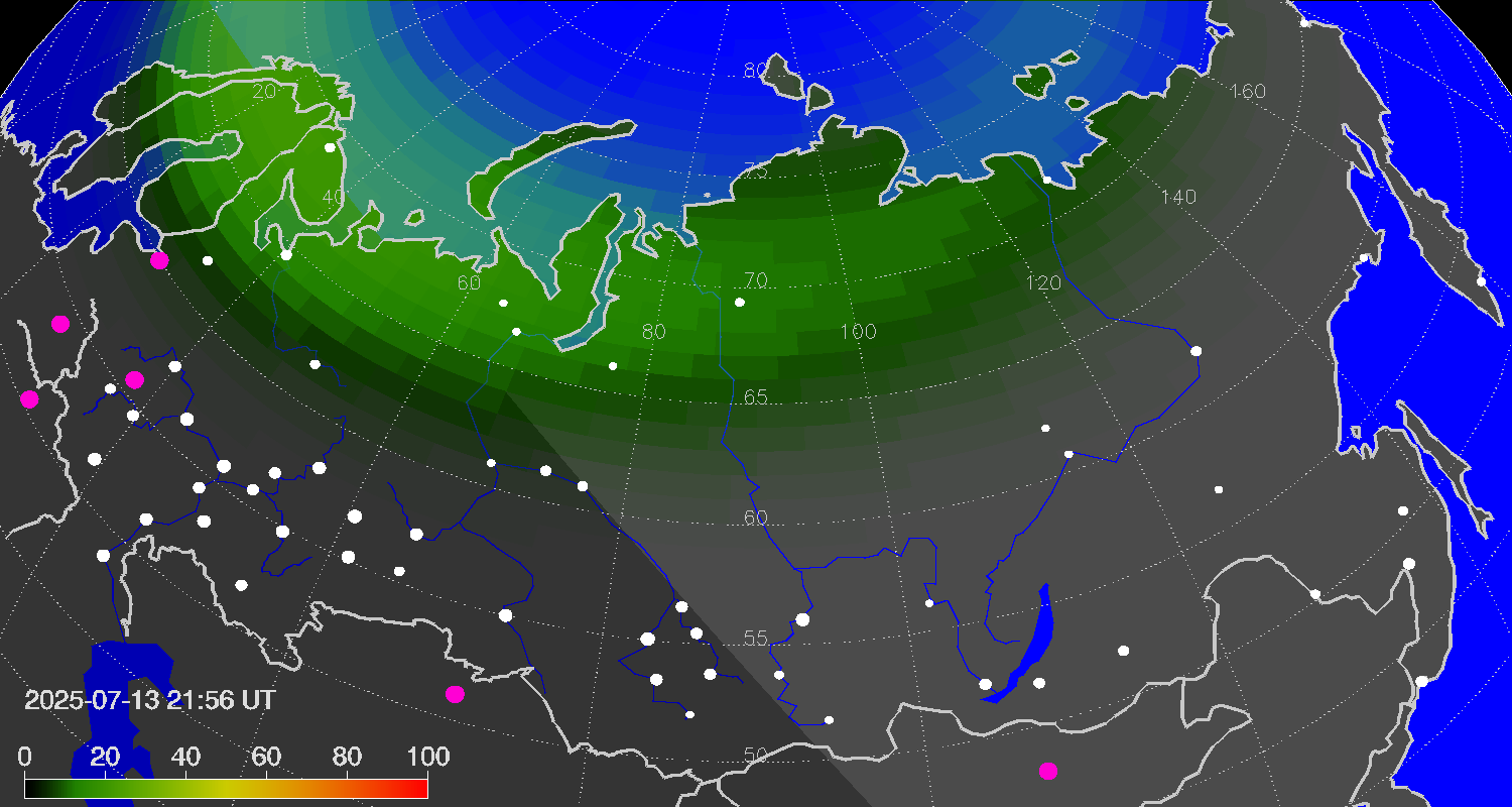 Northern lights (auroras) over Russian Federation