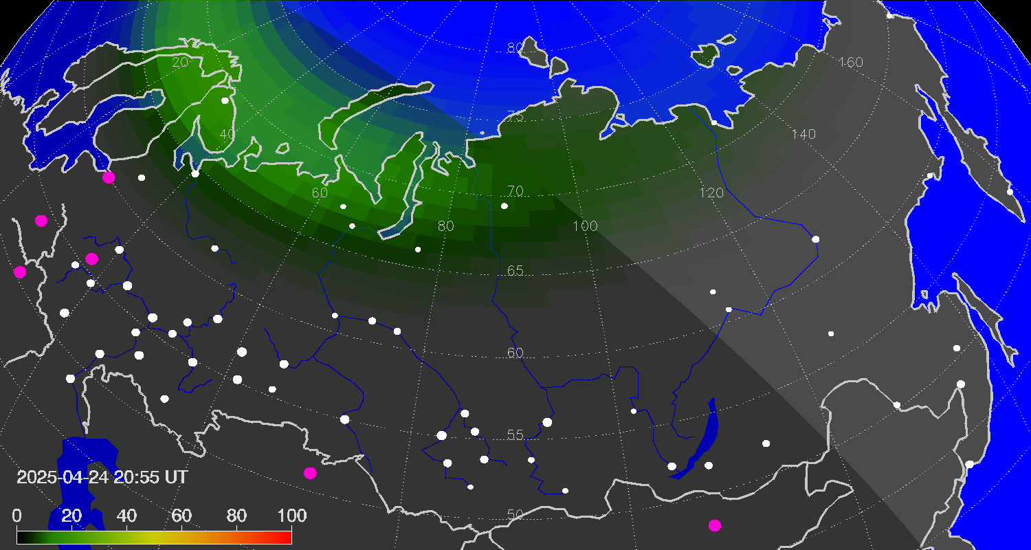 Northern lights (auroras) over Russian Federation