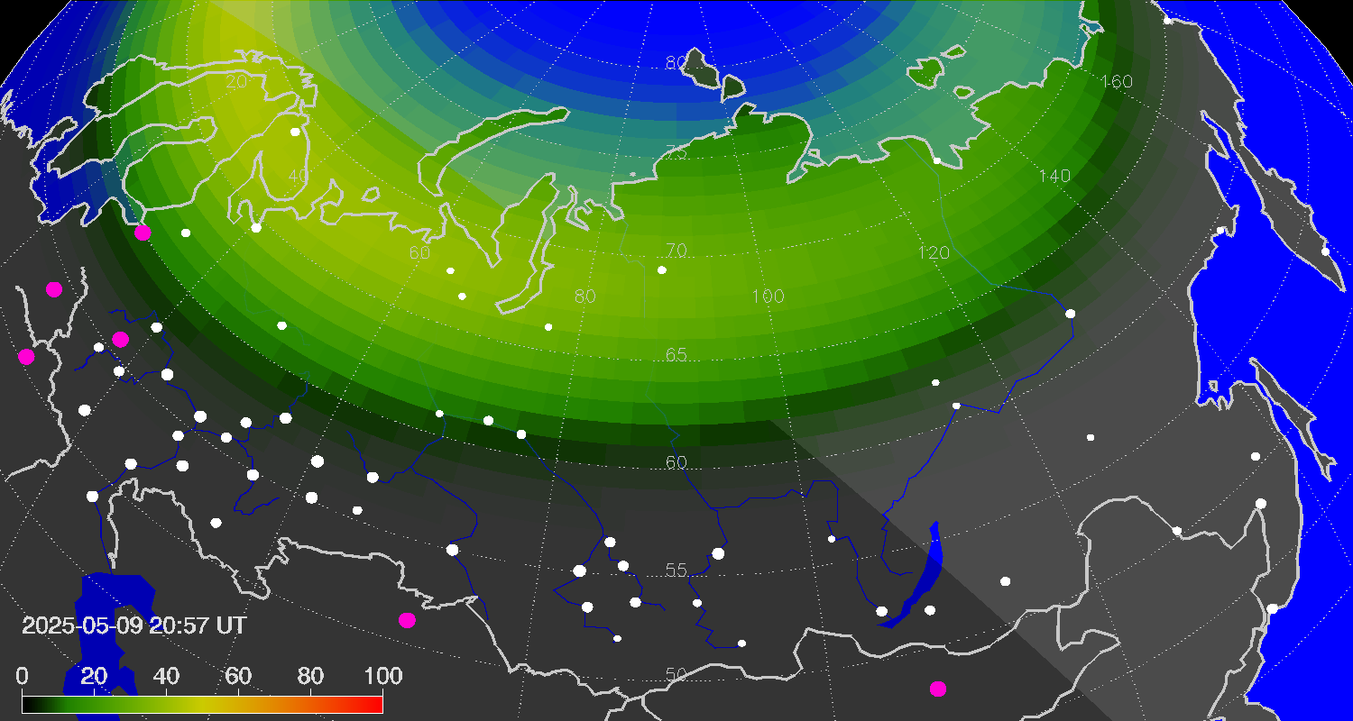 Northern lights (auroras) over Russian Federation