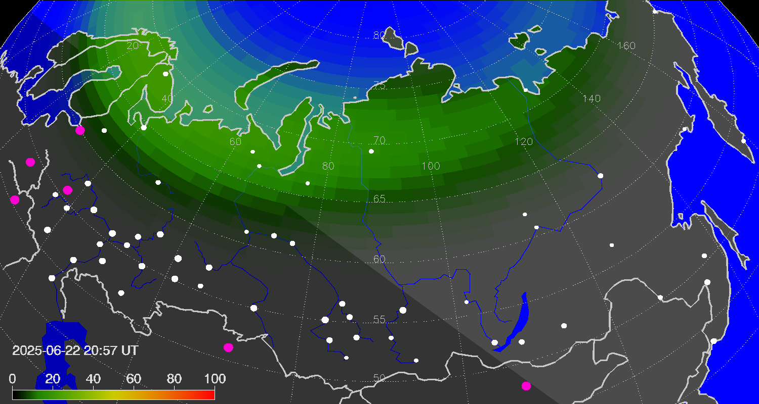 Northern lights (auroras) over Russian Federation
