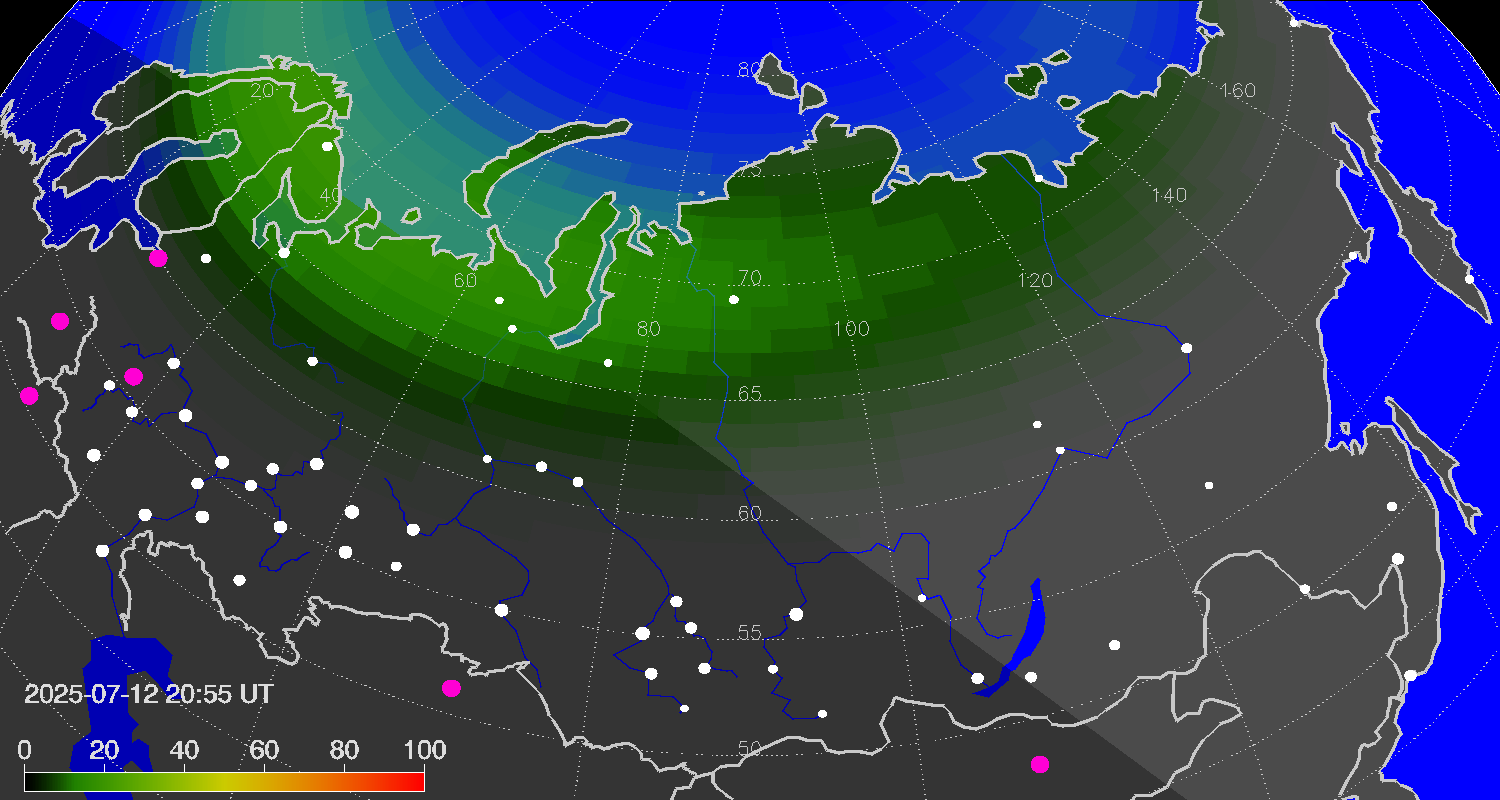 Northern lights (auroras) over Russian Federation