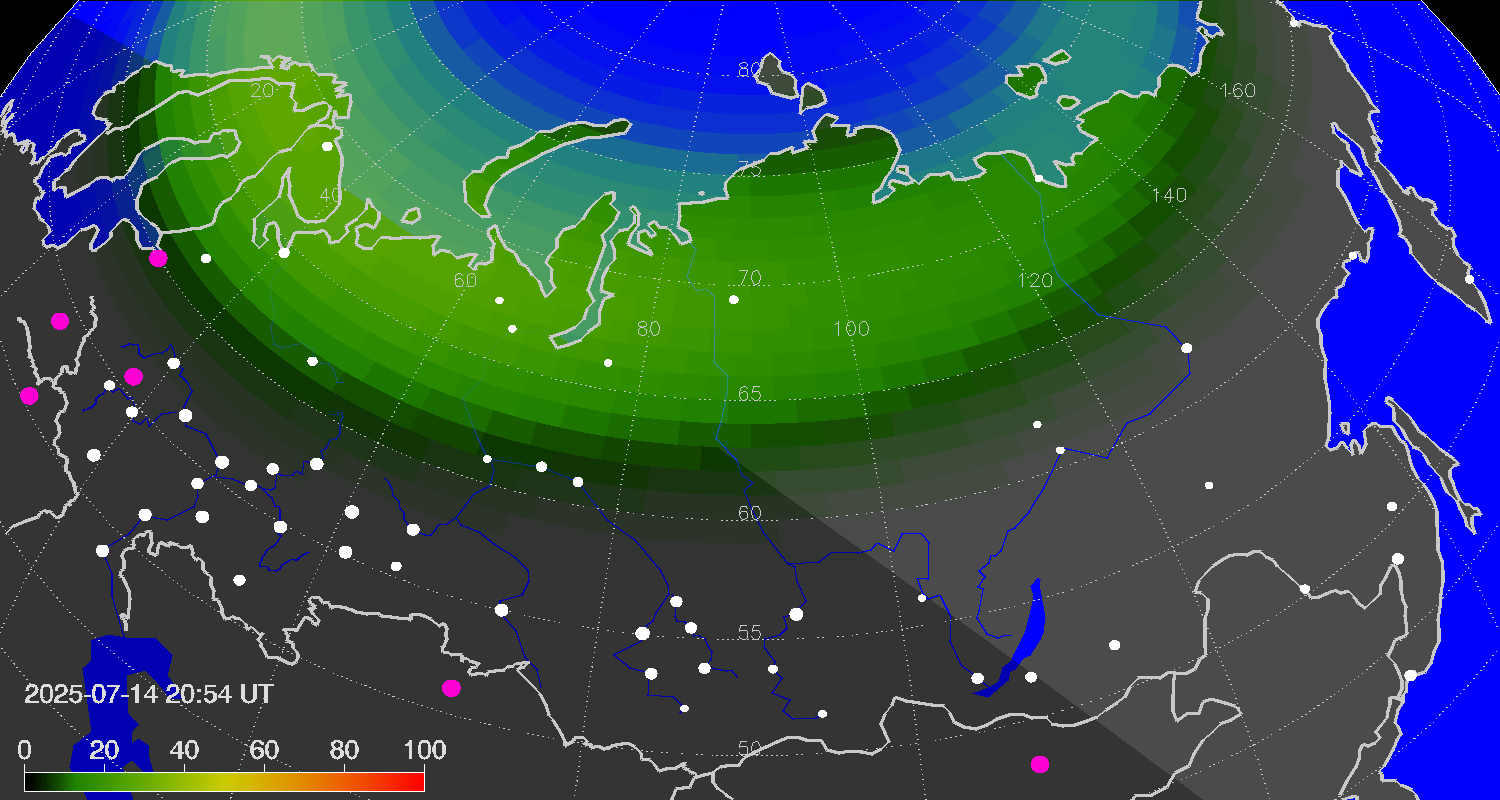 Northern lights (auroras) over Russian Federation