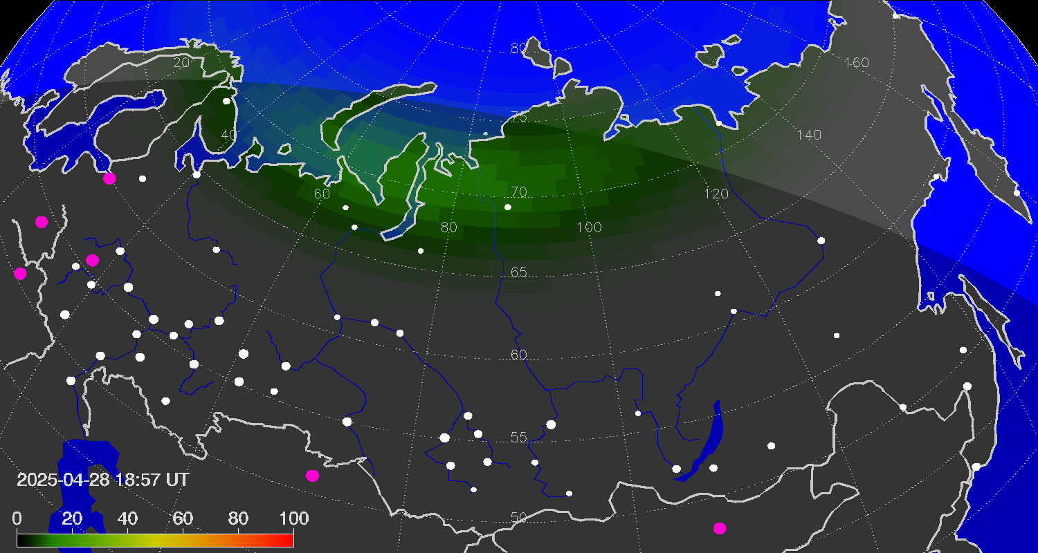 Northern lights (auroras) over Russian Federation