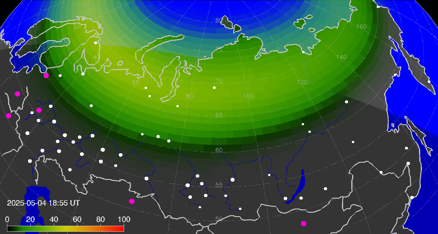 Northern lights (auroras) over Russian Federation
