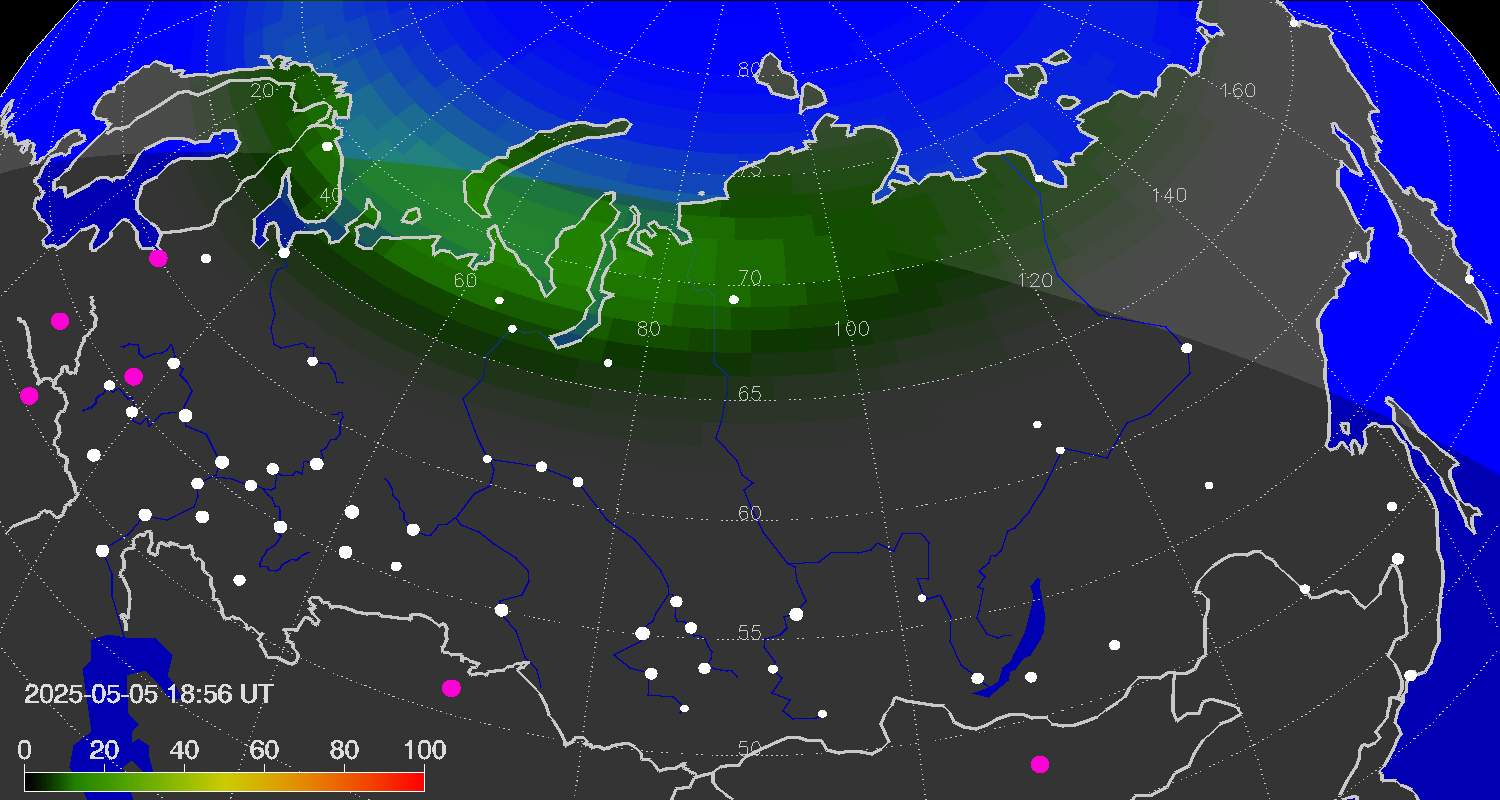 Northern lights (auroras) over Russian Federation