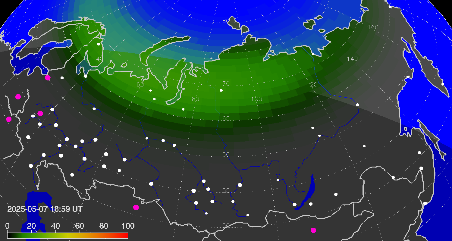 Northern lights (auroras) over Russian Federation