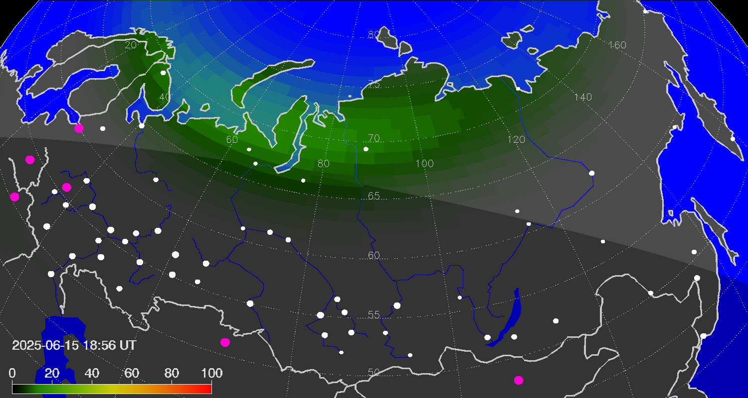 Northern lights (auroras) over Russian Federation