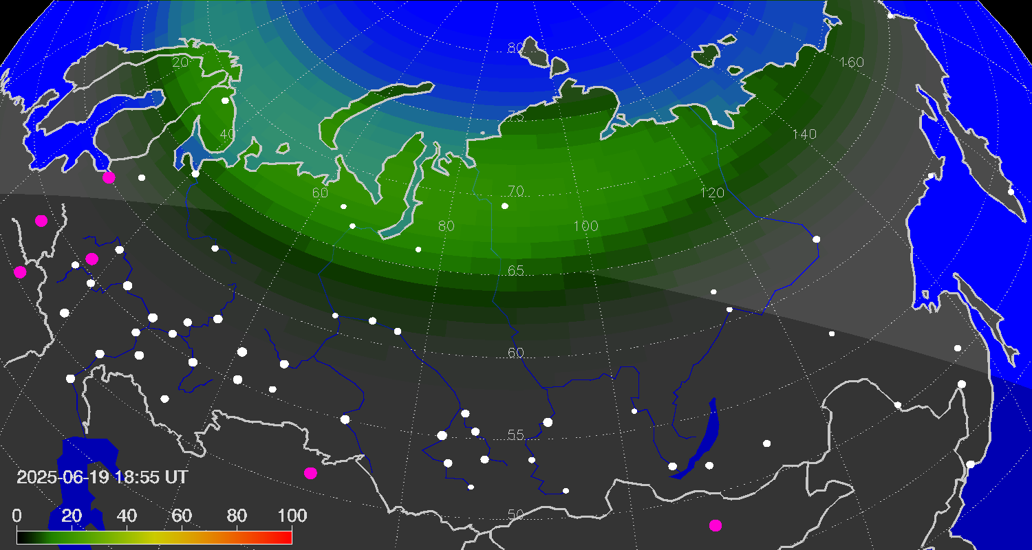 Northern lights (auroras) over Russian Federation