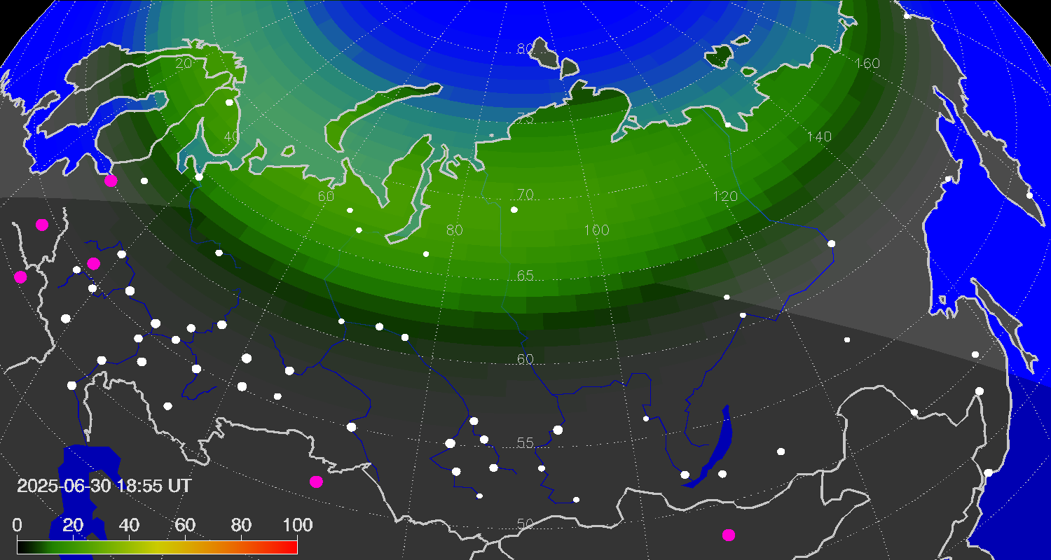 Northern lights (auroras) over Russian Federation
