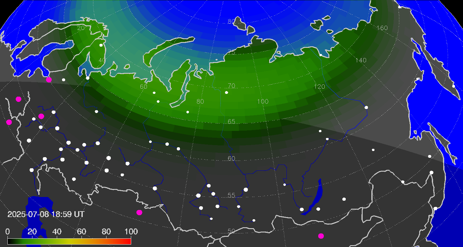 Northern lights (auroras) over Russian Federation