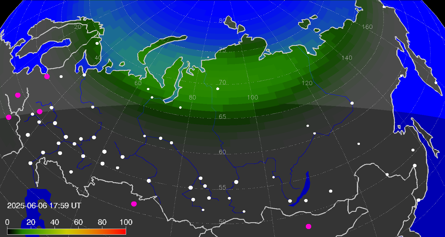 Northern lights (auroras) over Russian Federation