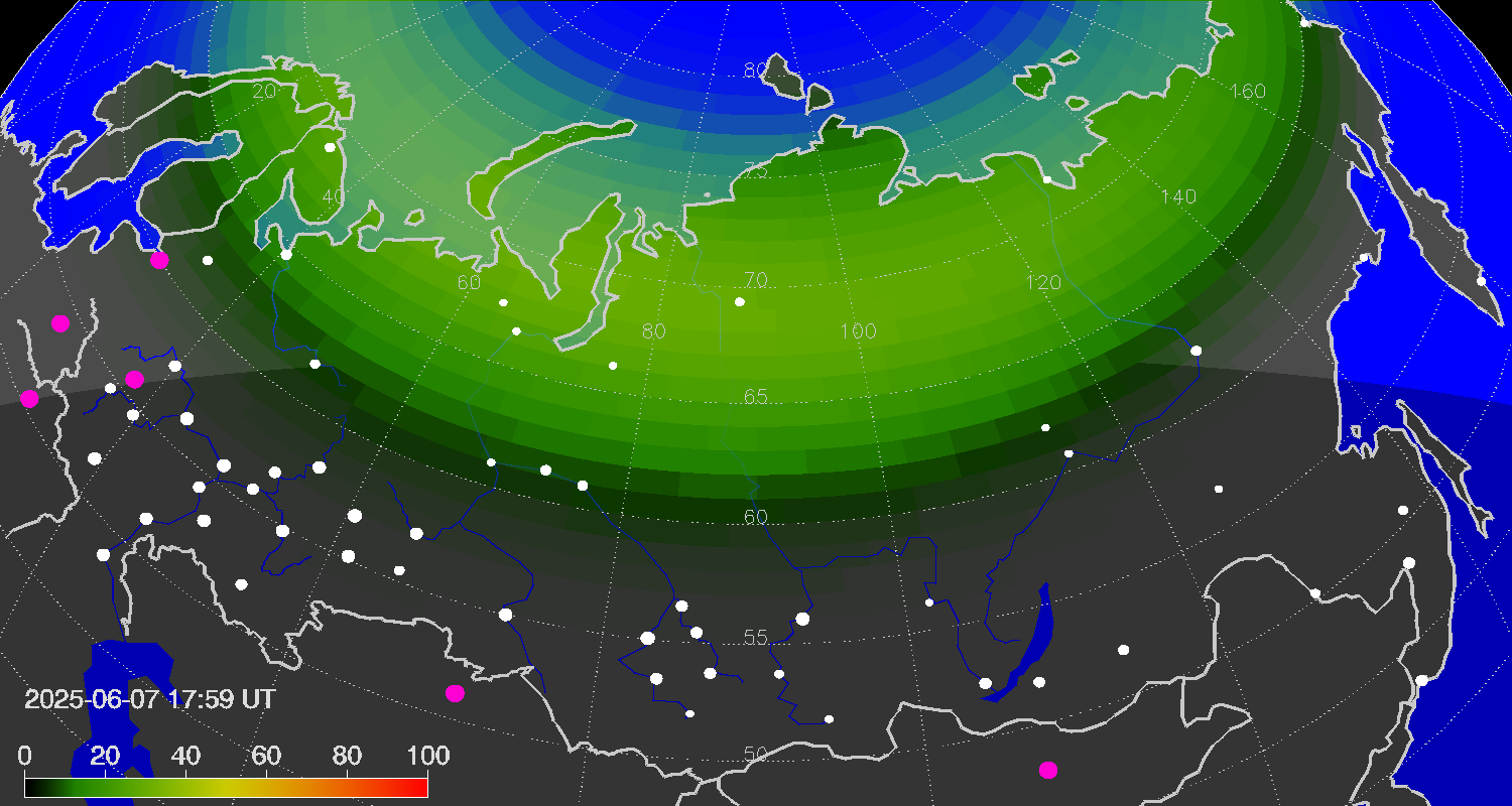Northern lights (auroras) over Russian Federation