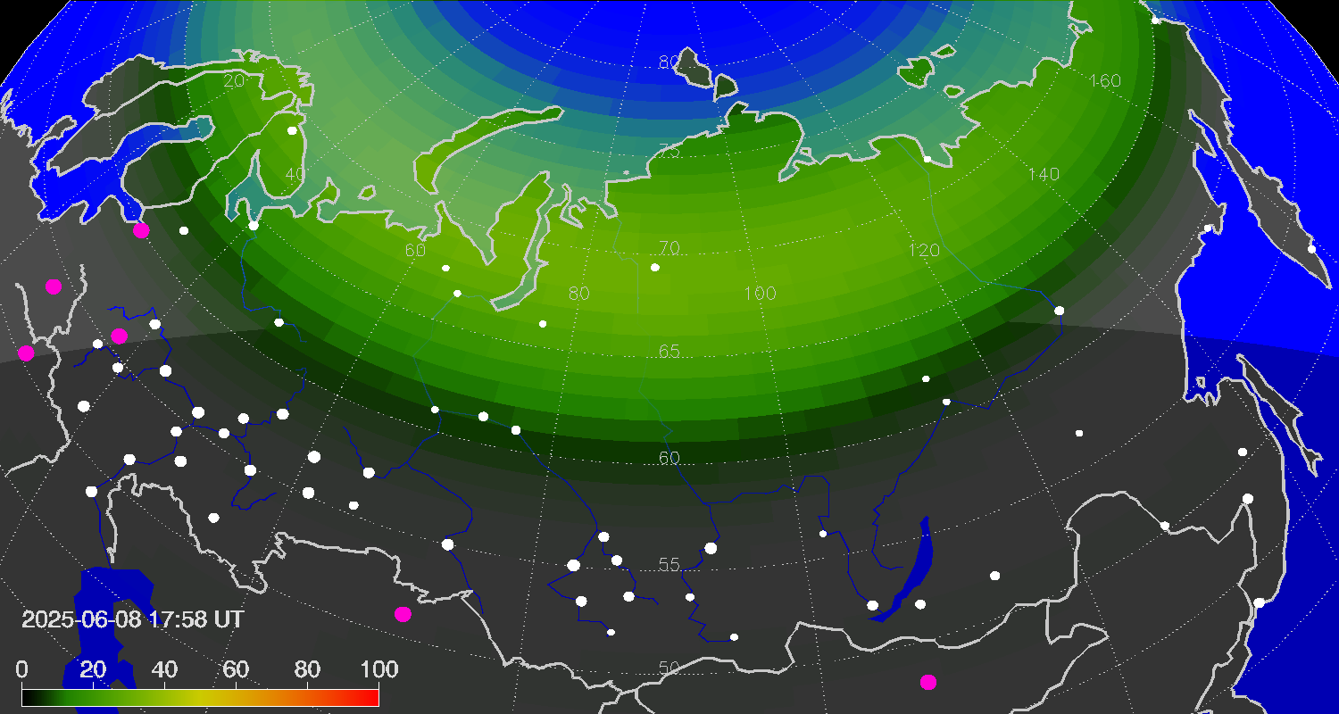 Northern lights (auroras) over Russian Federation