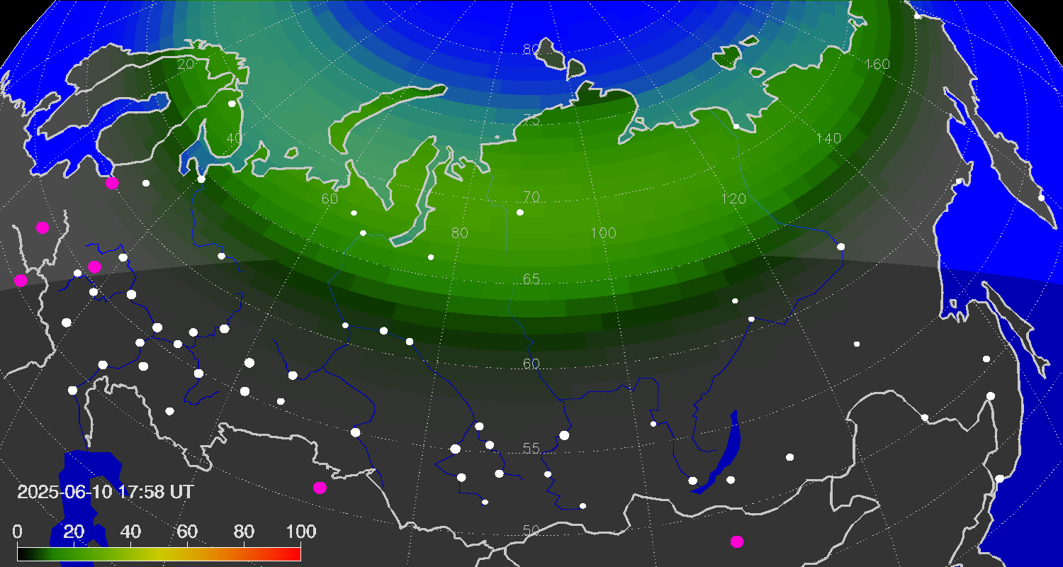 Northern lights (auroras) over Russian Federation