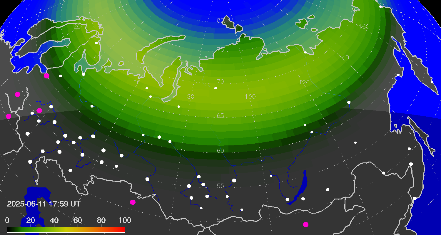 Northern lights (auroras) over Russian Federation