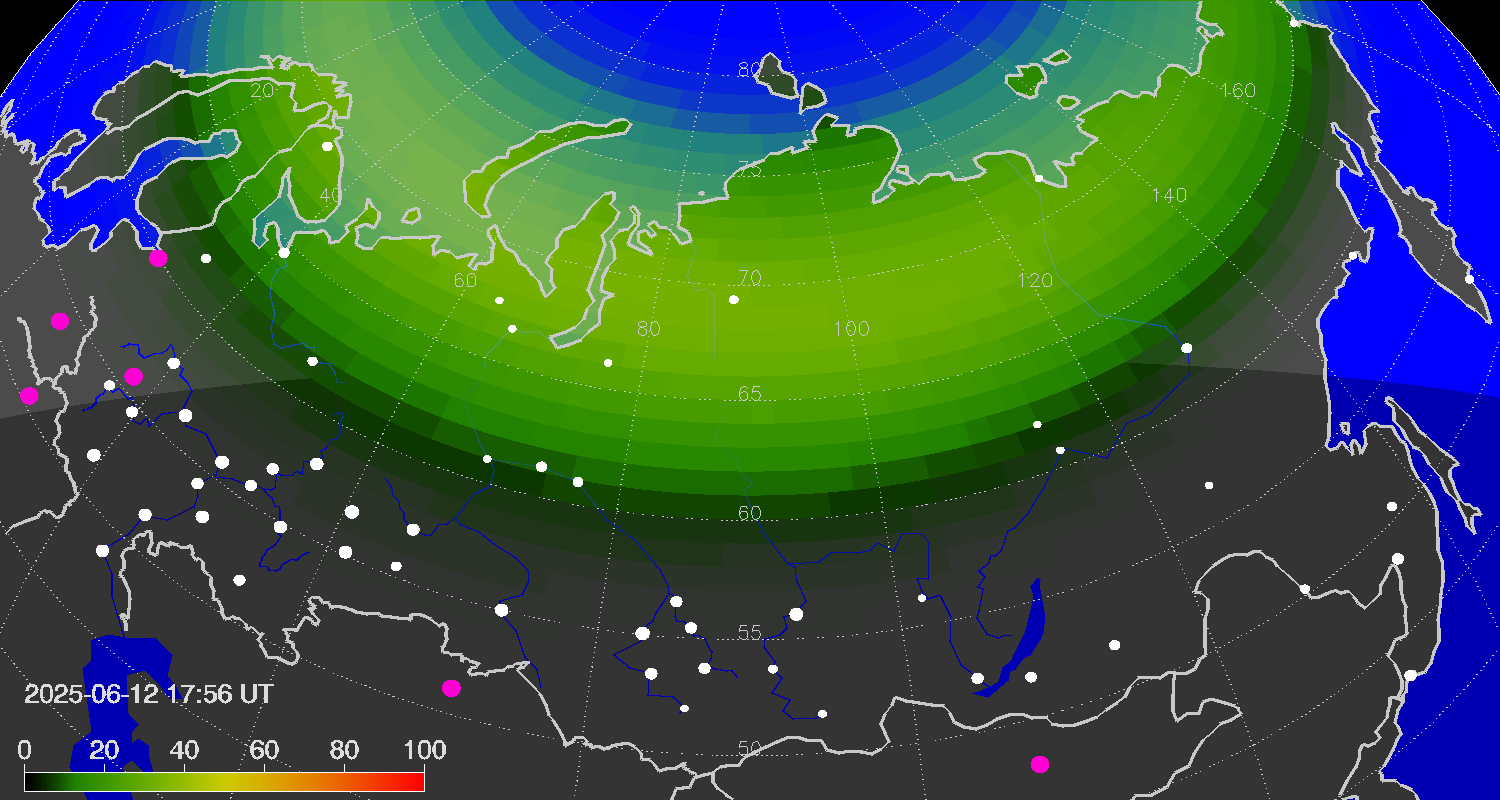 Northern lights (auroras) over Russian Federation