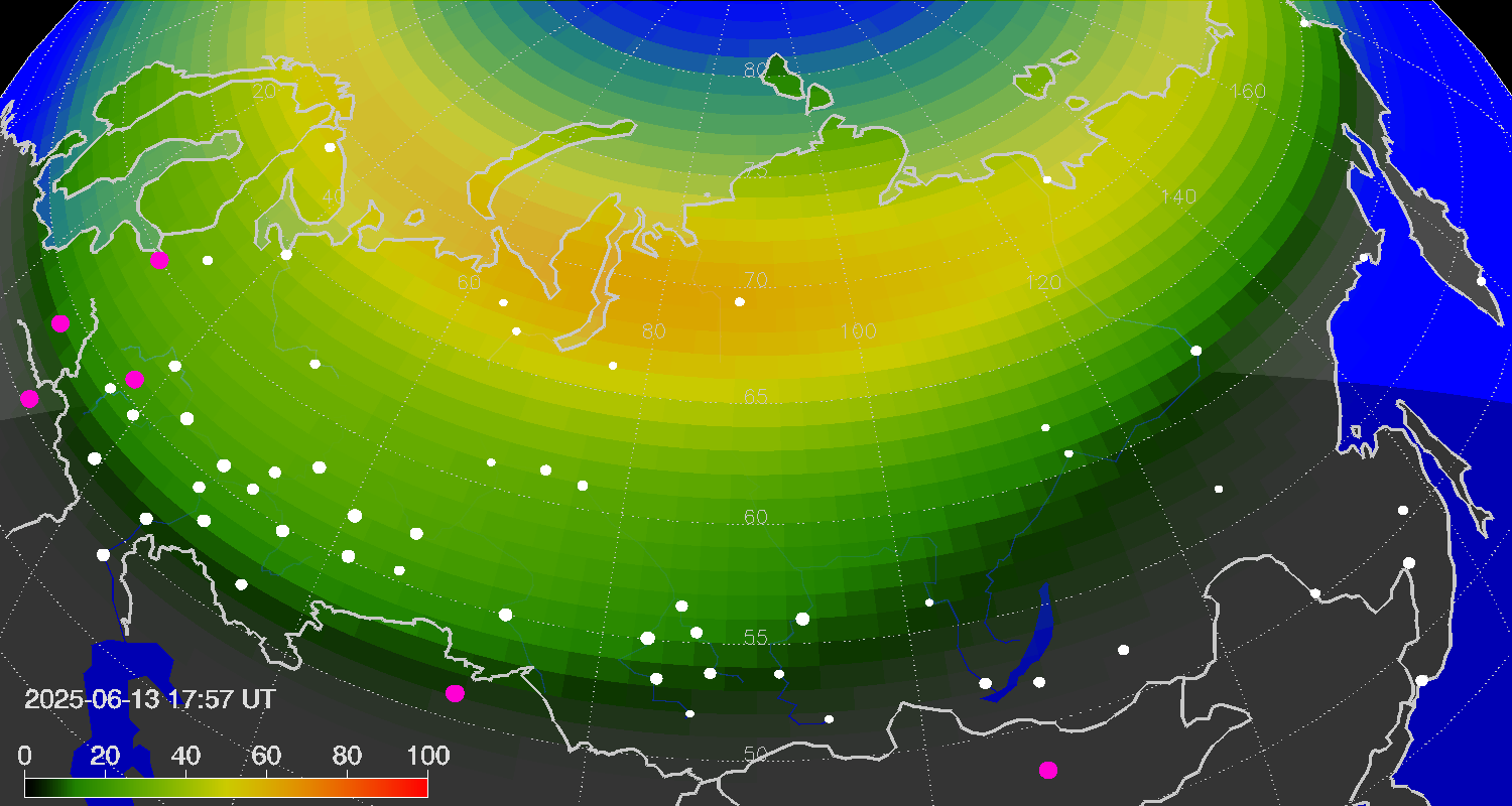 Northern lights (auroras) over Russian Federation