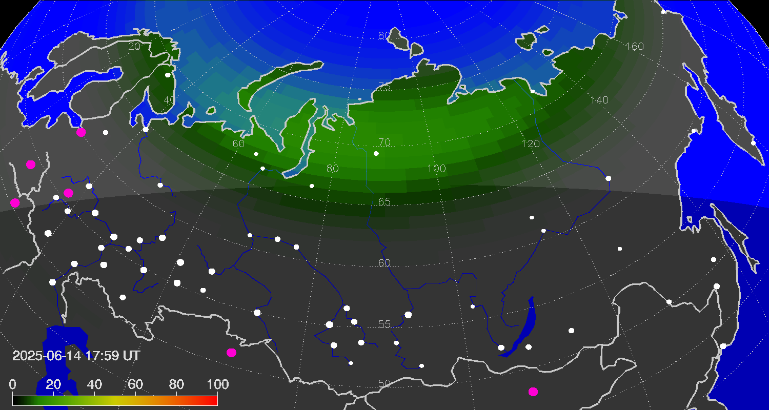 Northern lights (auroras) over Russian Federation