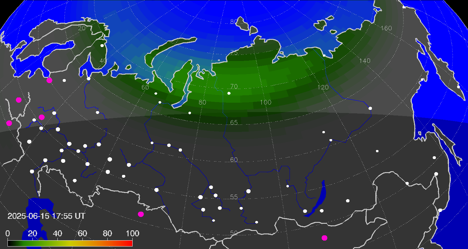 Northern lights (auroras) over Russian Federation