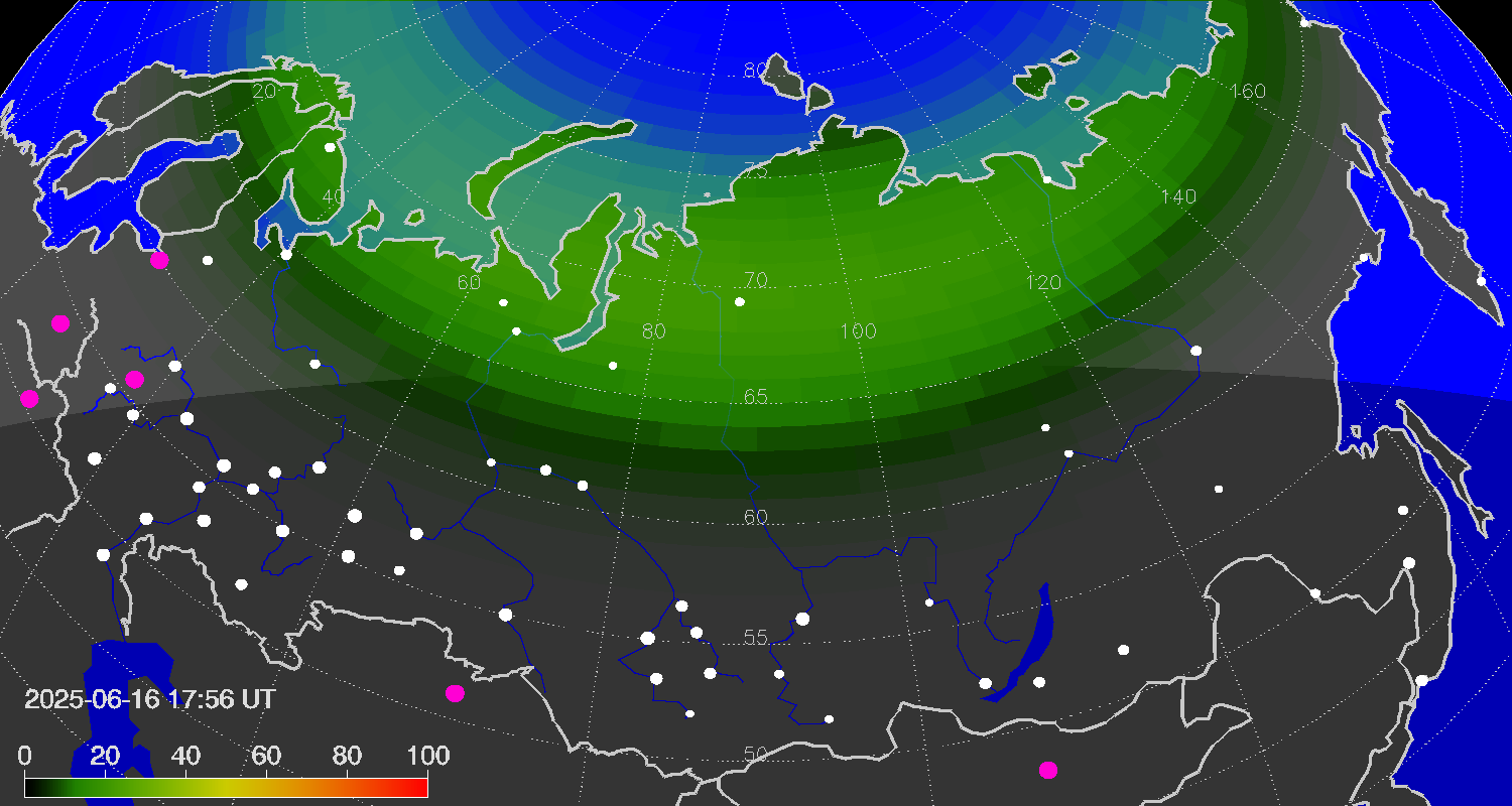 Northern lights (auroras) over Russian Federation