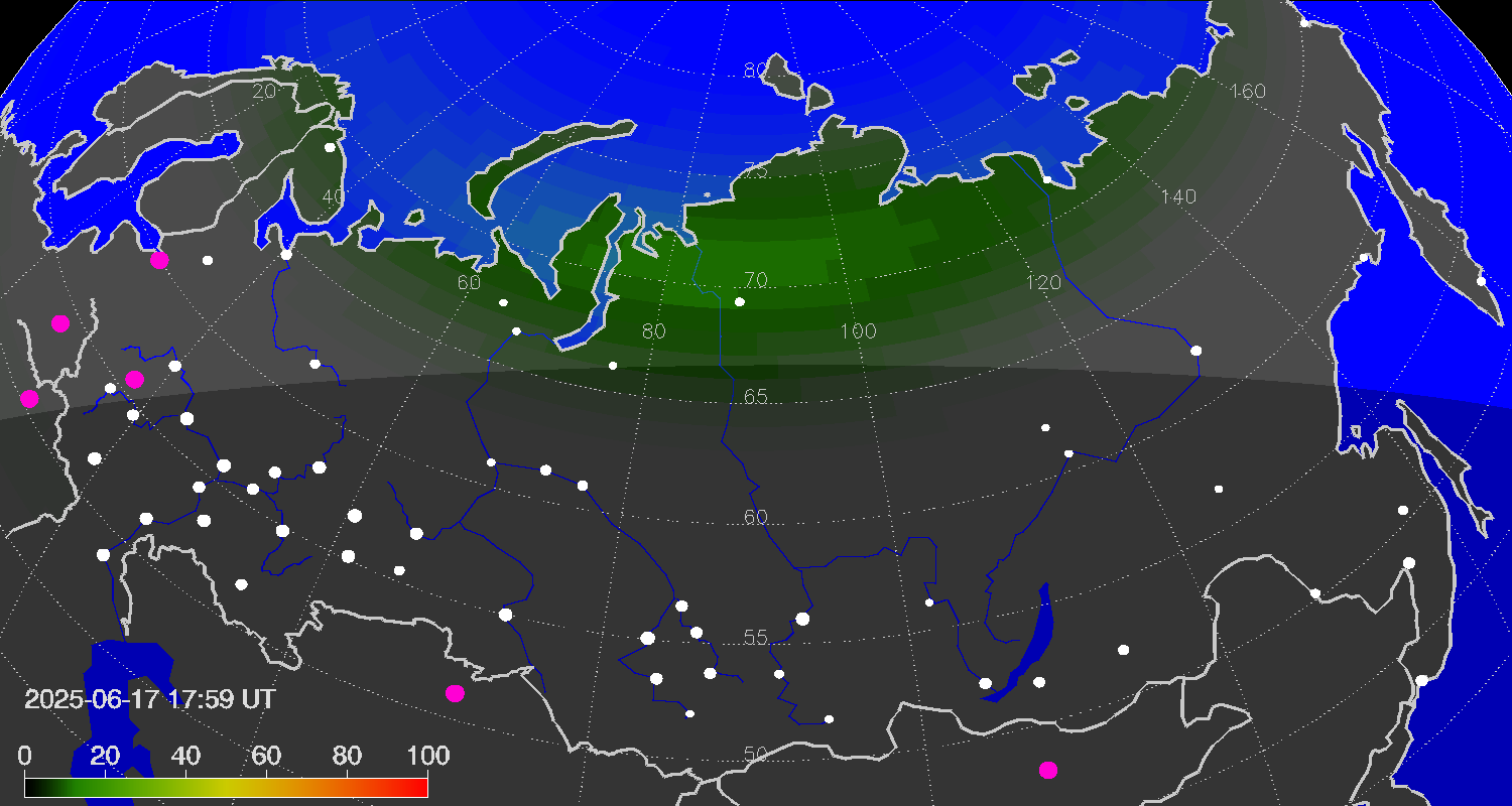 Northern lights (auroras) over Russian Federation