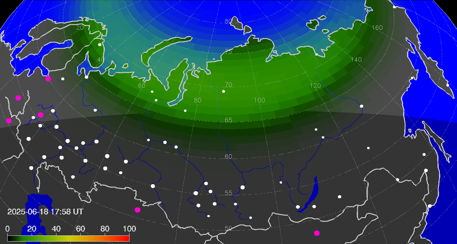 Northern lights (auroras) over Russian Federation