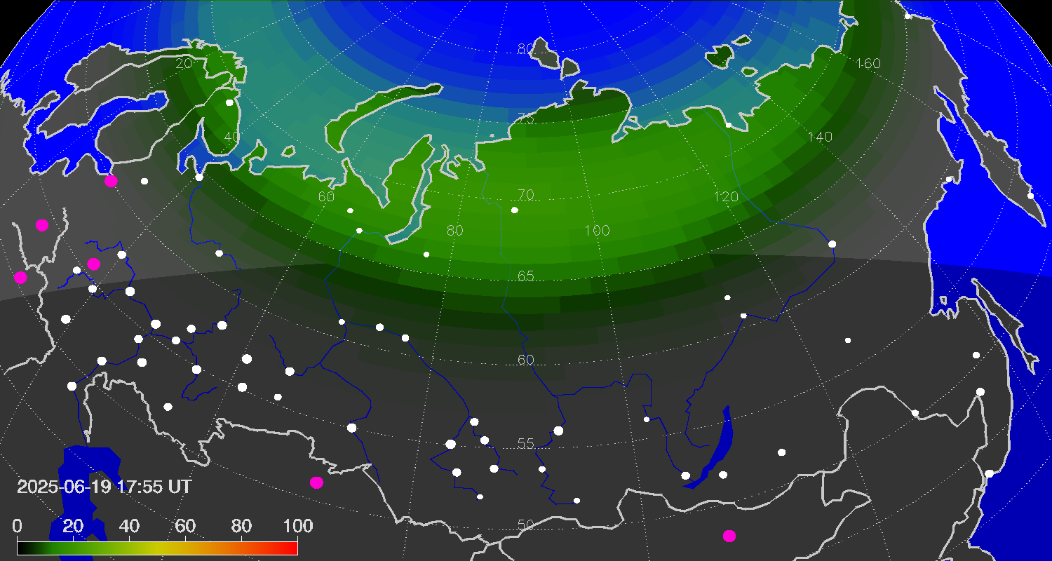 Northern lights (auroras) over Russian Federation