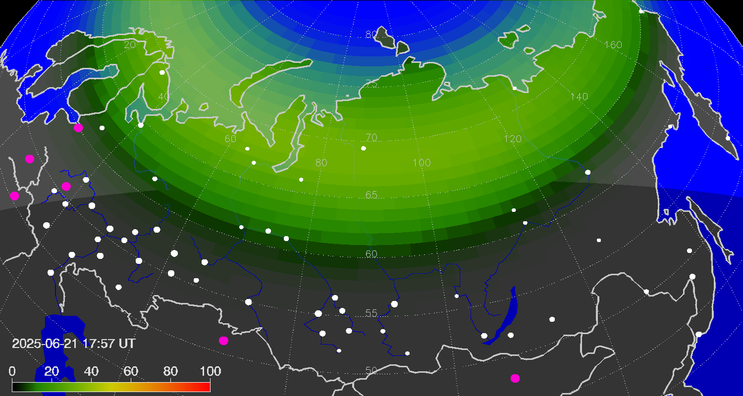 Northern lights (auroras) over Russian Federation