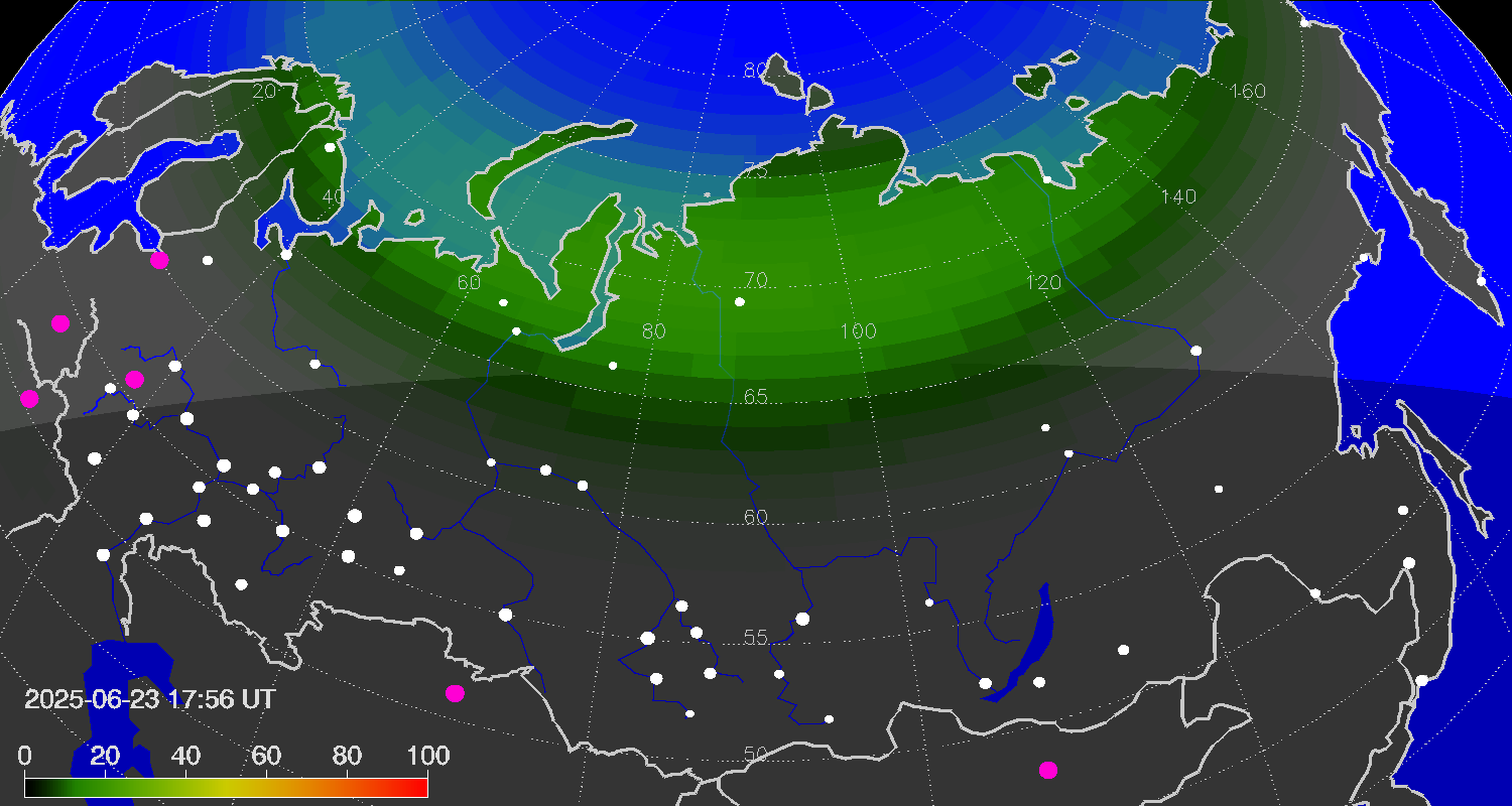 Northern lights (auroras) over Russian Federation