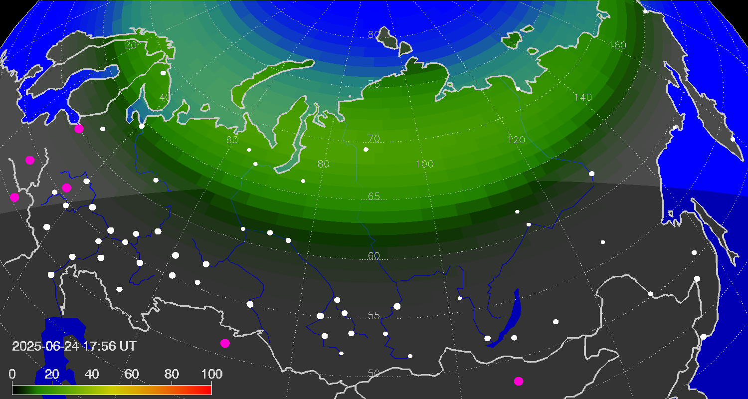 Northern lights (auroras) over Russian Federation