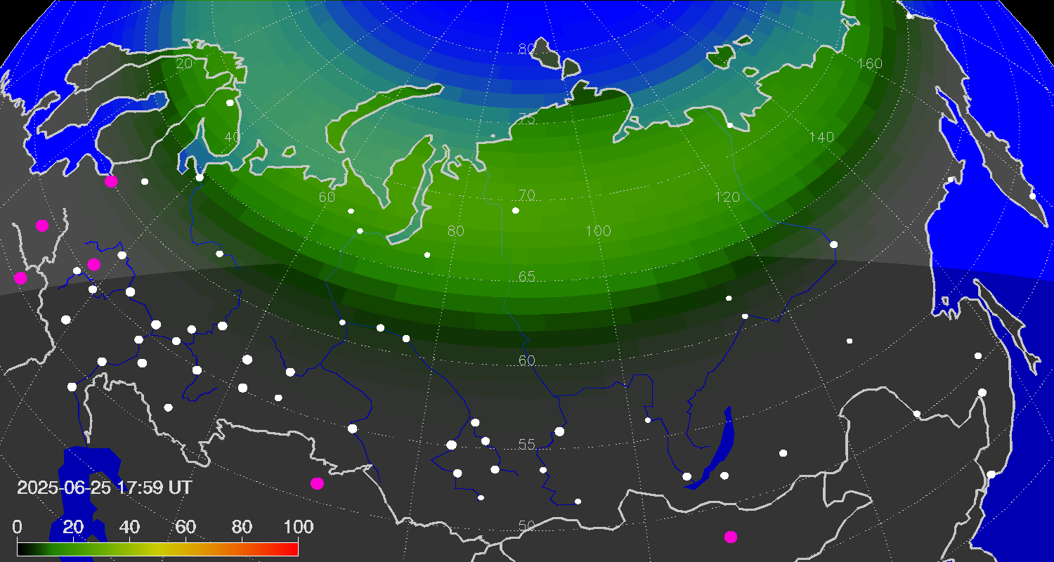 Northern lights (auroras) over Russian Federation