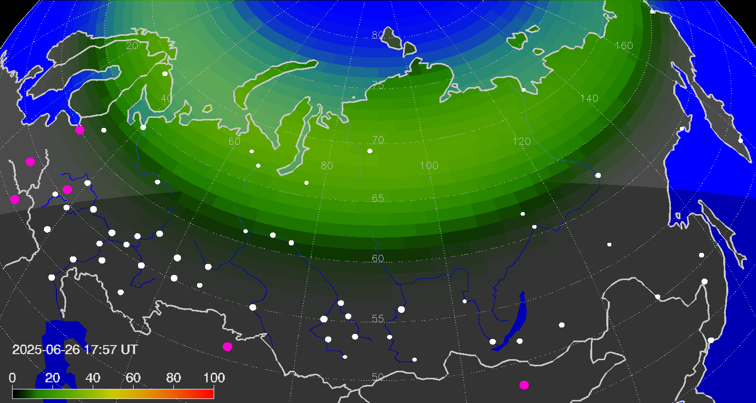 Northern lights (auroras) over Russian Federation