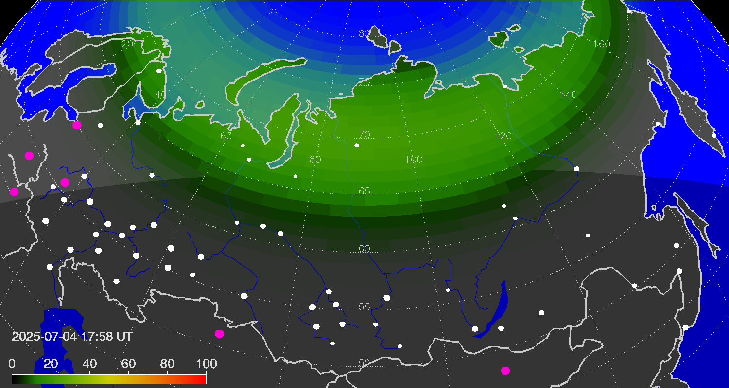 Northern lights (auroras) over Russian Federation