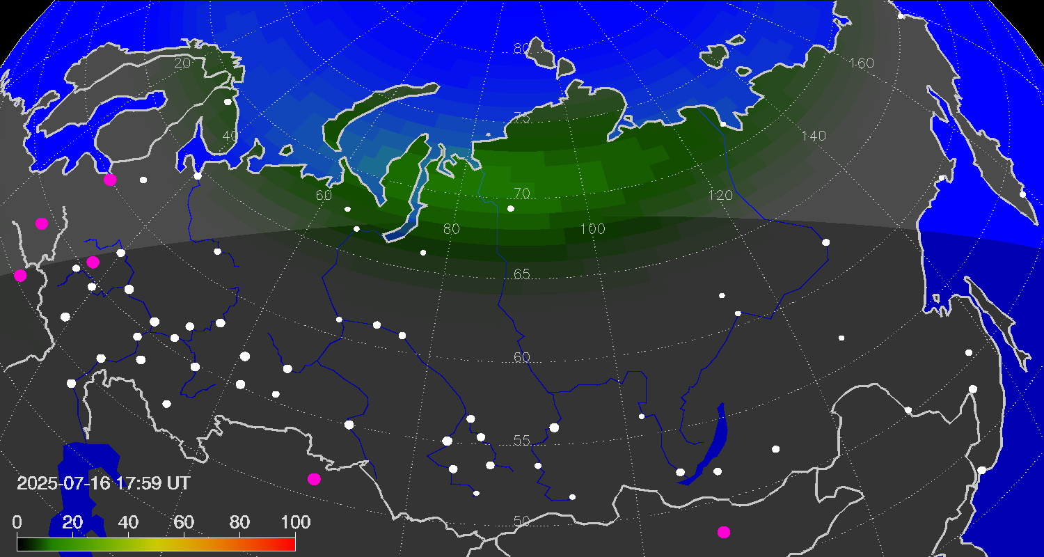 Northern lights (auroras) over Russian Federation
