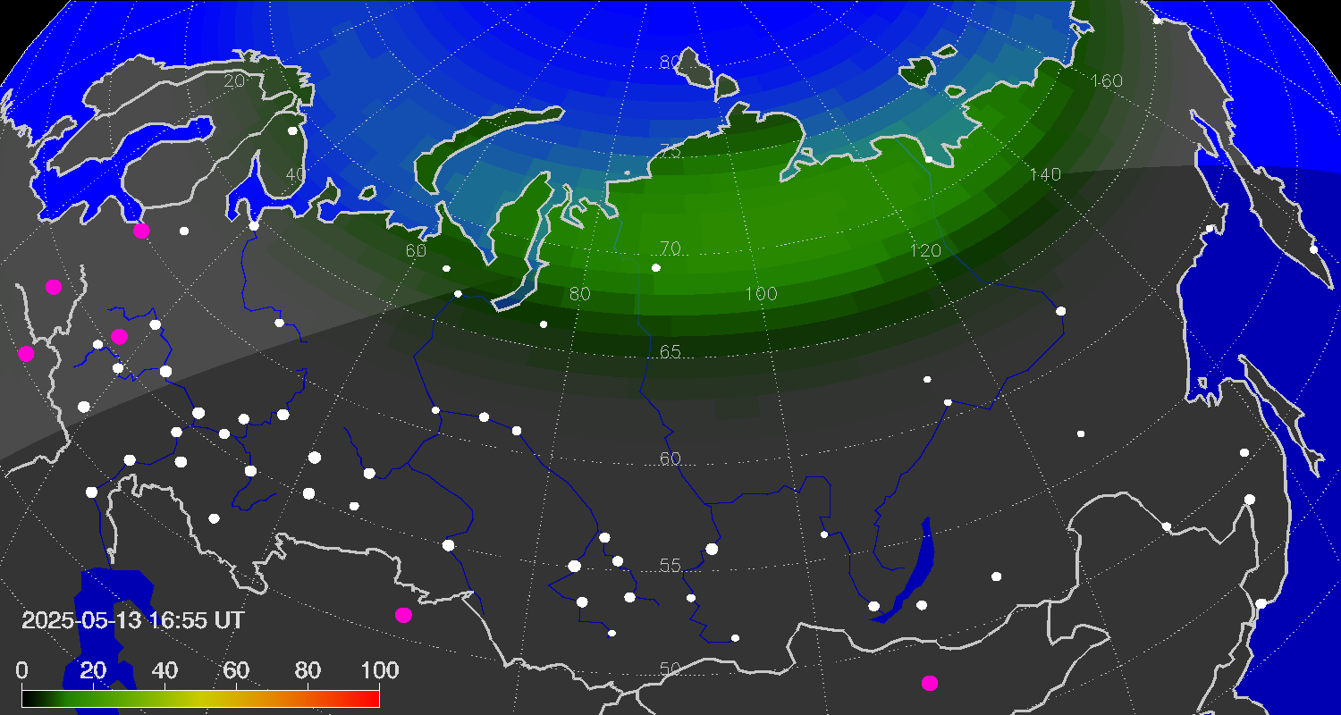 Northern lights (auroras) over Russian Federation