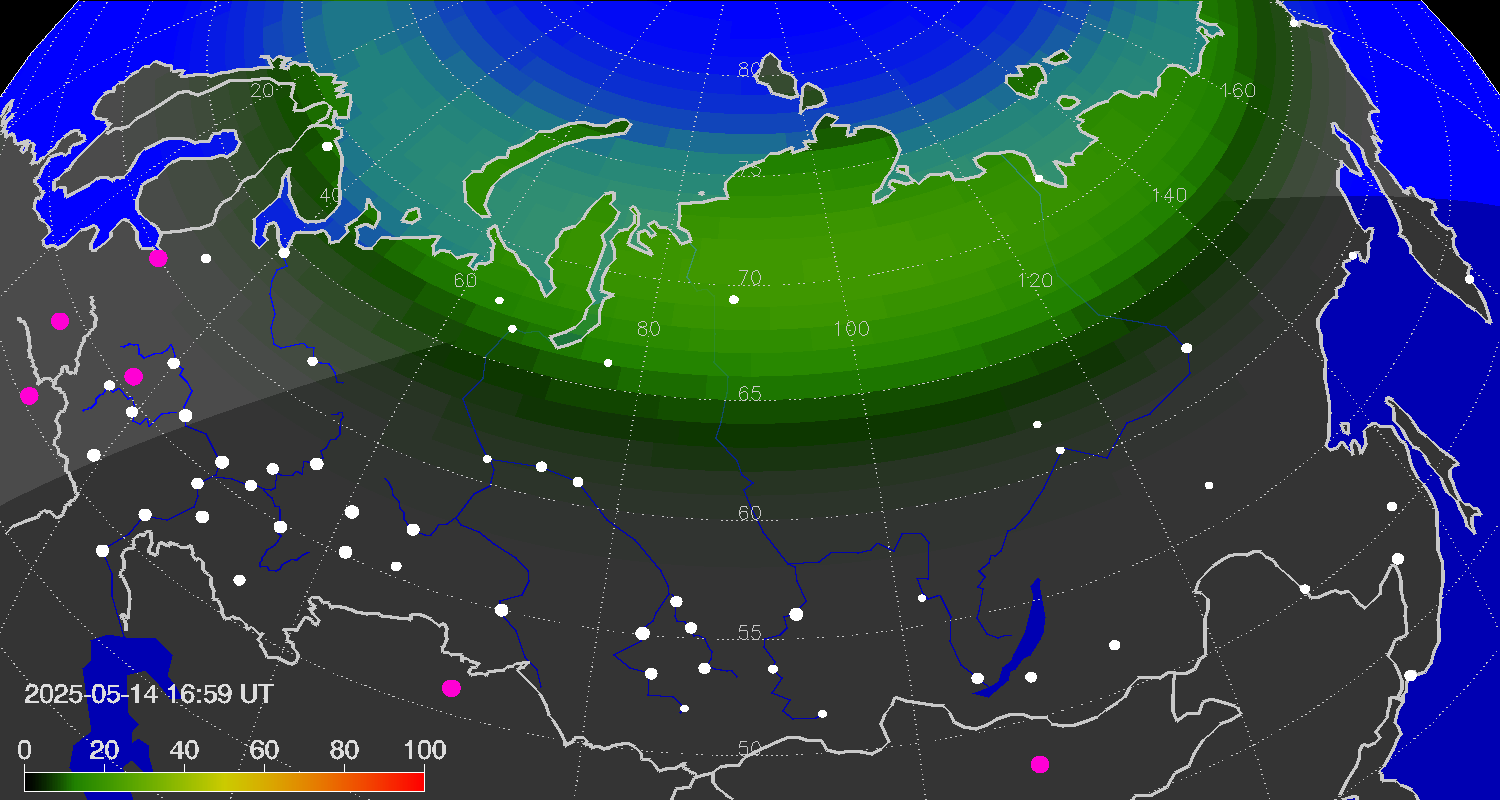 Northern lights (auroras) over Russian Federation