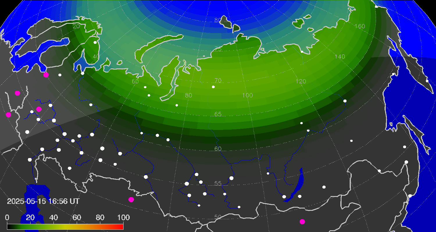 Northern lights (auroras) over Russian Federation