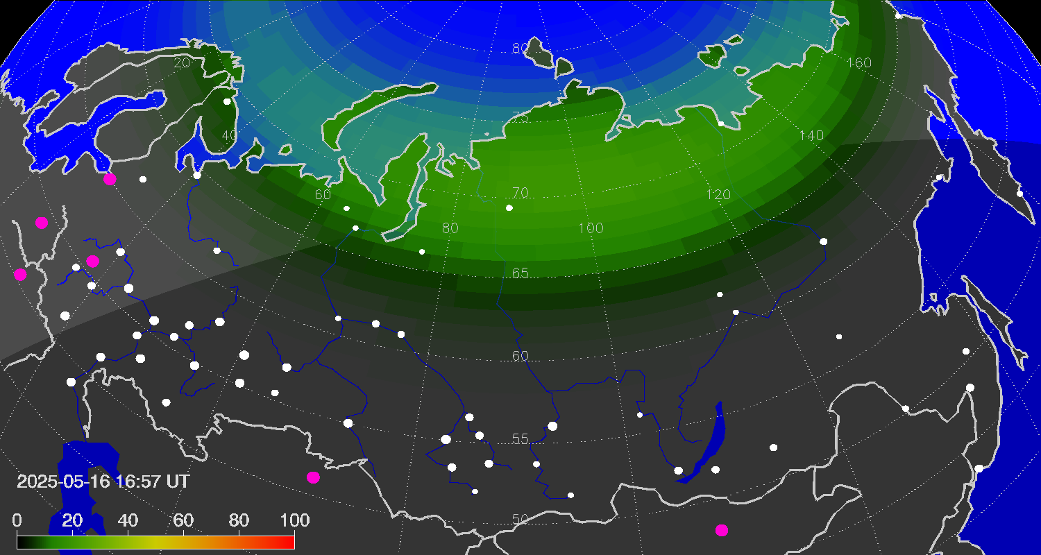 Northern lights (auroras) over Russian Federation