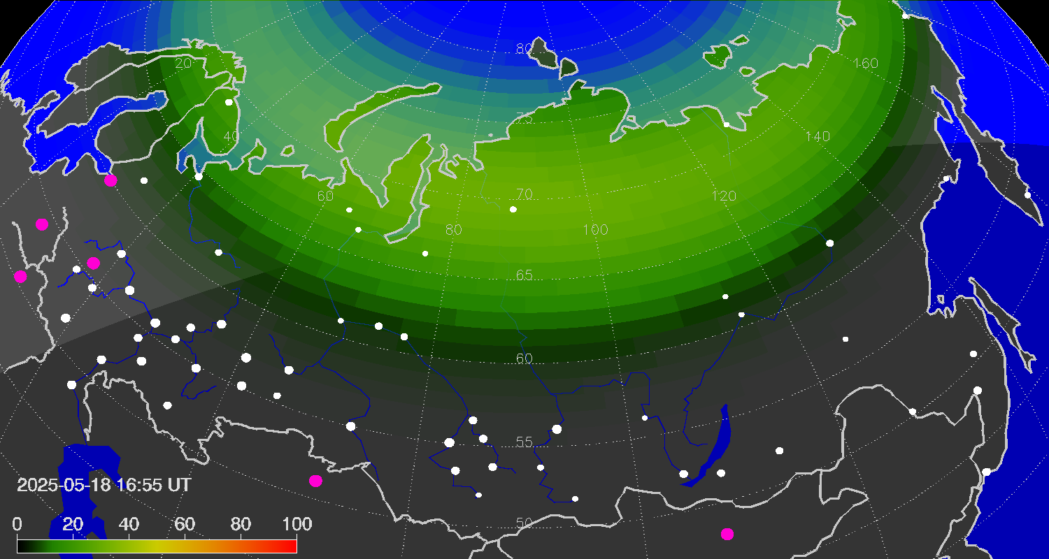 Northern lights (auroras) over Russian Federation